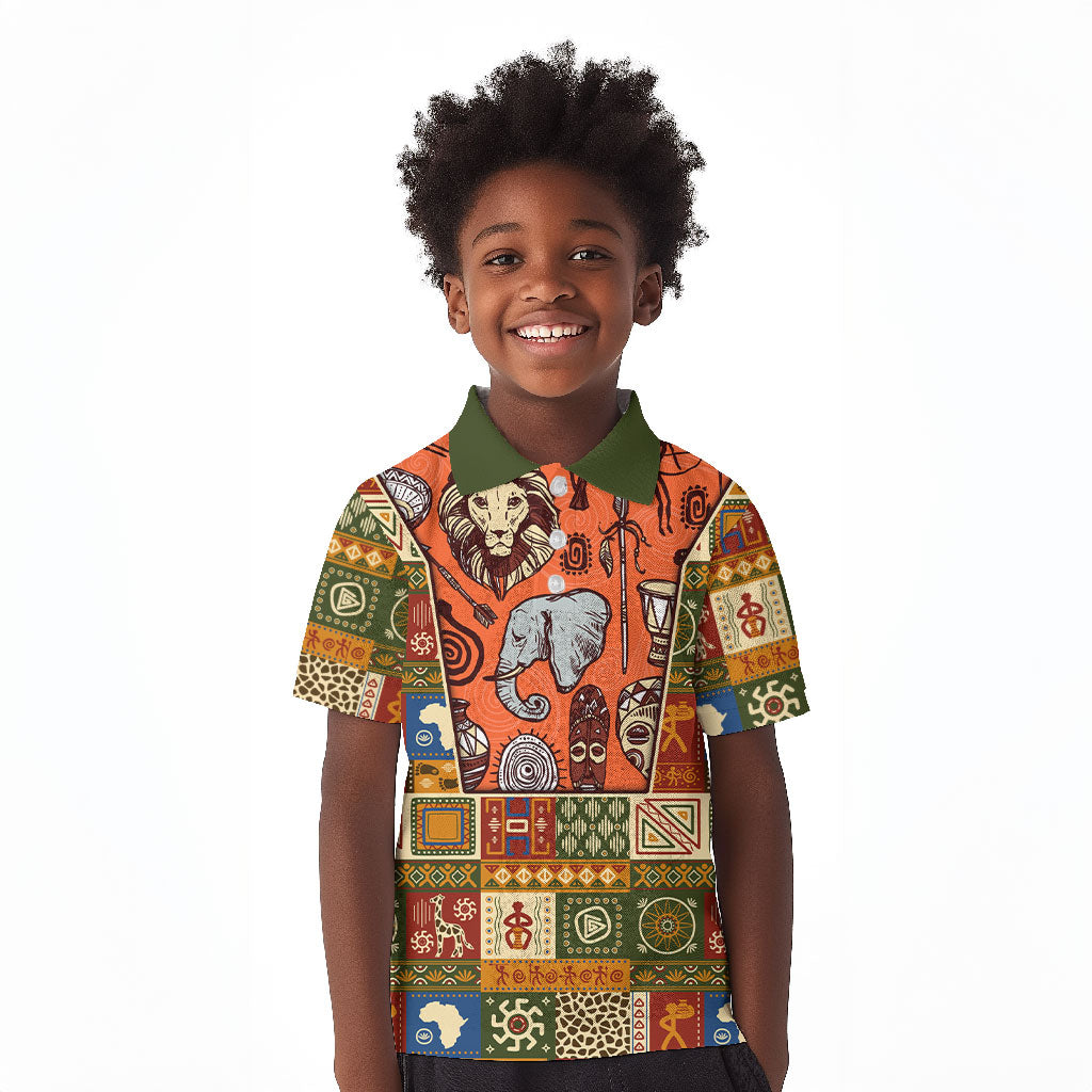 Personalized African King's 65th Birthday Kid Polo Shirt Traditional Ethnic Patchwork Safari Animals
