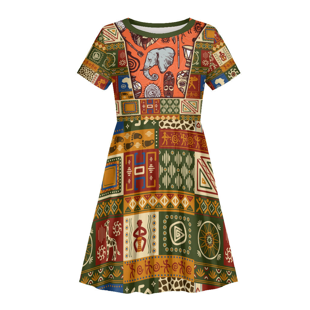 Personalized African King's 65th Birthday Kid Short Sleeve Dress Traditional Ethnic Patchwork Safari Animals