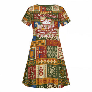 Personalized African King's 65th Birthday Kid Short Sleeve Dress Traditional Ethnic Patchwork Safari Animals