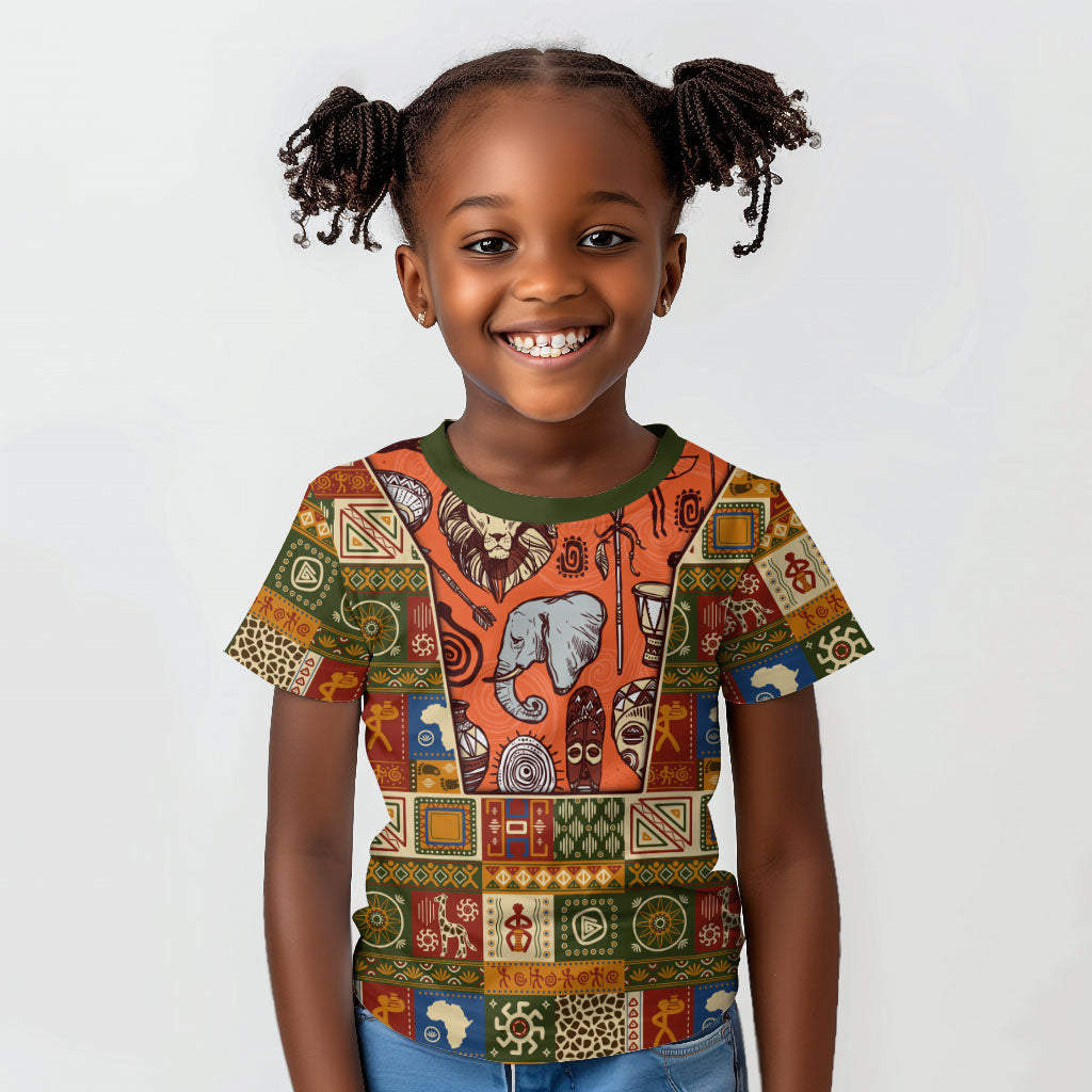 Personalized African King's 65th Birthday Kid T shirt Traditional Ethnic Patchwork Safari Animals