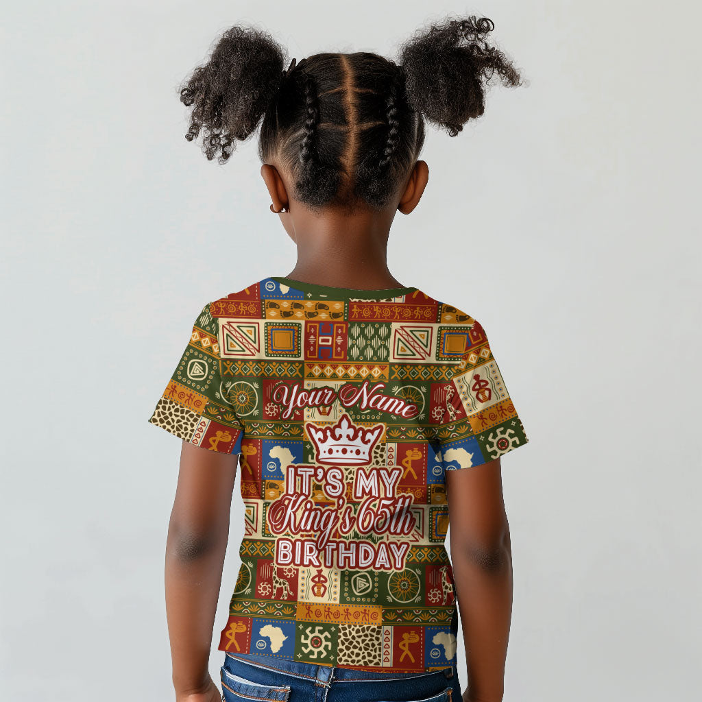 Personalized African King's 65th Birthday Kid T shirt Traditional Ethnic Patchwork Safari Animals