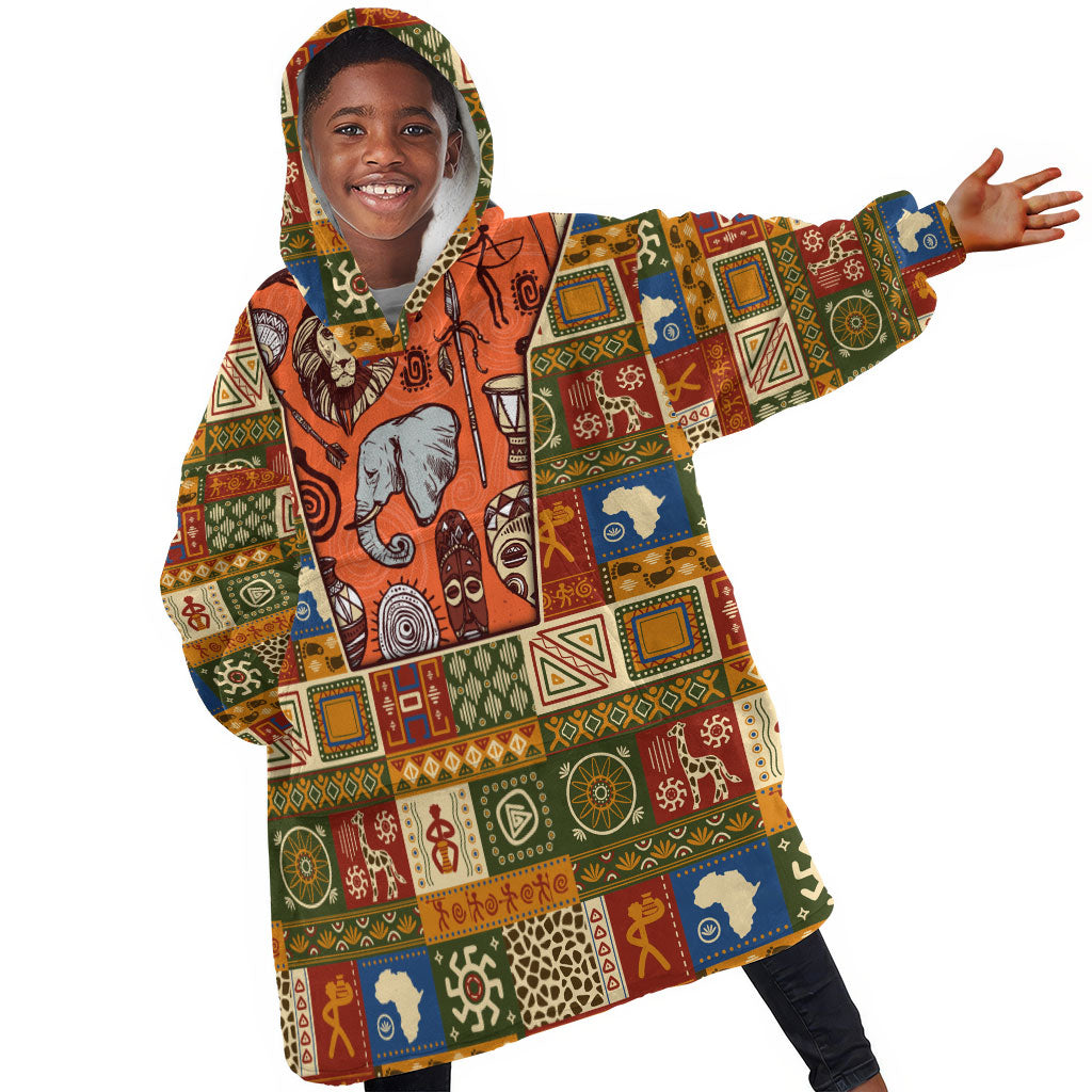 Personalized African King's 65th Birthday Kid Wearable Blanket Hoodie Traditional Ethnic Patchwork Safari Animals