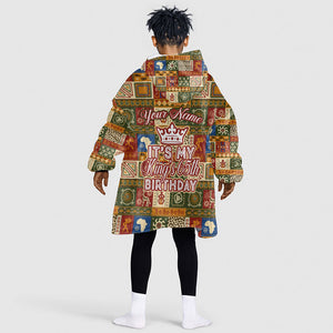 Personalized African King's 65th Birthday Kid Wearable Blanket Hoodie Traditional Ethnic Patchwork Safari Animals