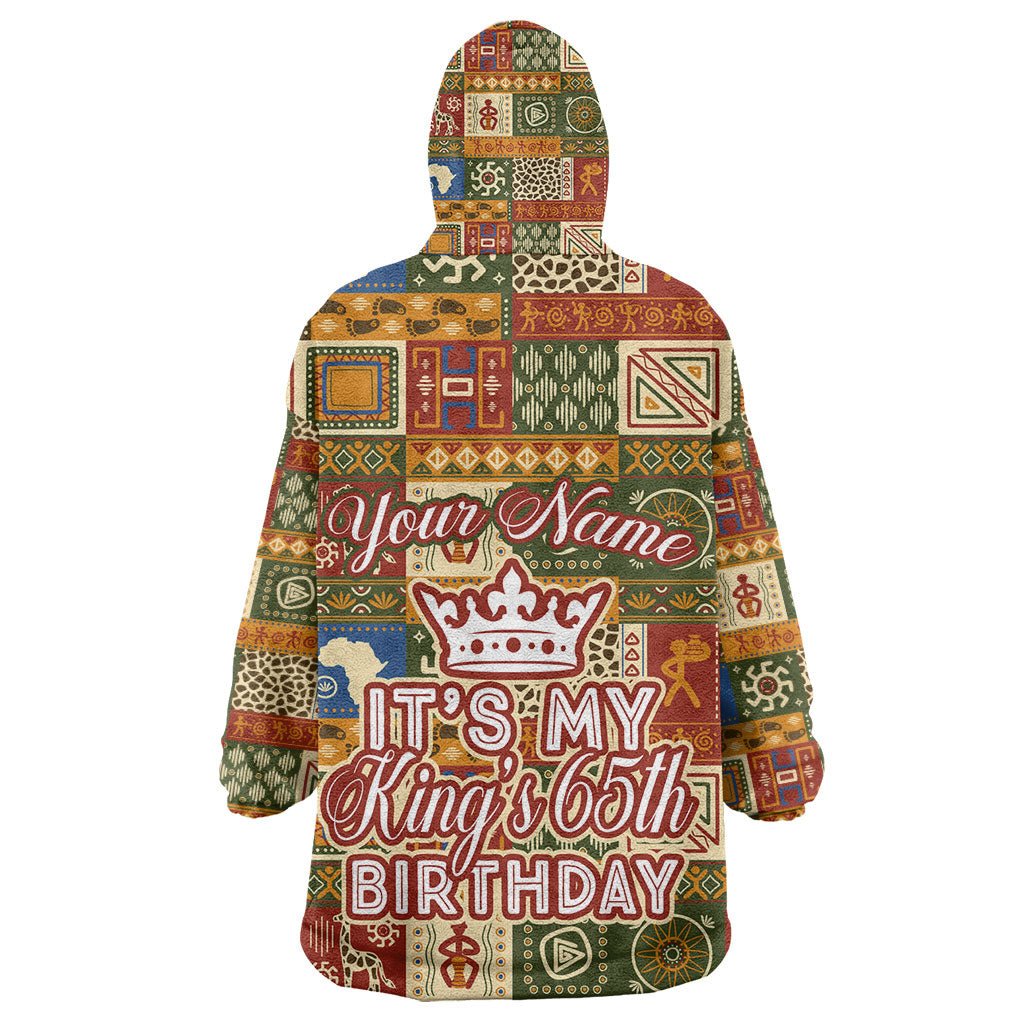 Personalized African King's 65th Birthday Kid Wearable Blanket Hoodie Traditional Ethnic Patchwork Safari Animals