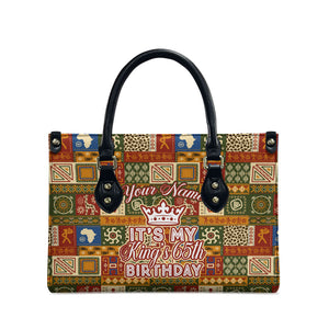 Personalized African King's 65th Birthday Leather Bag Traditional Ethnic Patchwork Safari Animals
