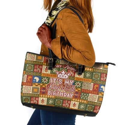 Personalized African King's 65th Birthday Leather Tote Bag Traditional Ethnic Patchwork Safari Animals