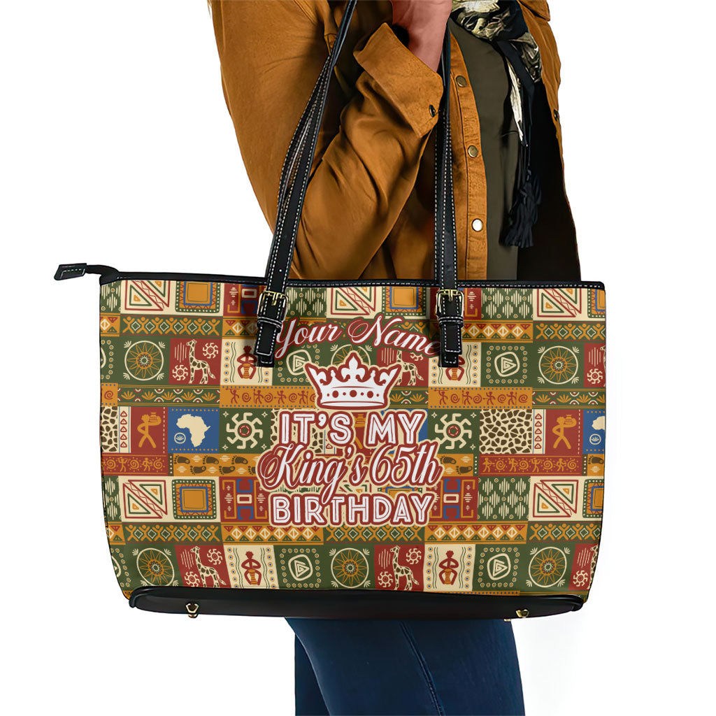 Personalized African King's 65th Birthday Leather Tote Bag Traditional Ethnic Patchwork Safari Animals