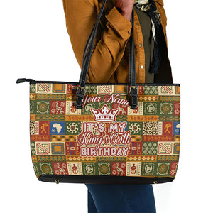 Personalized African King's 65th Birthday Leather Tote Bag Traditional Ethnic Patchwork Safari Animals