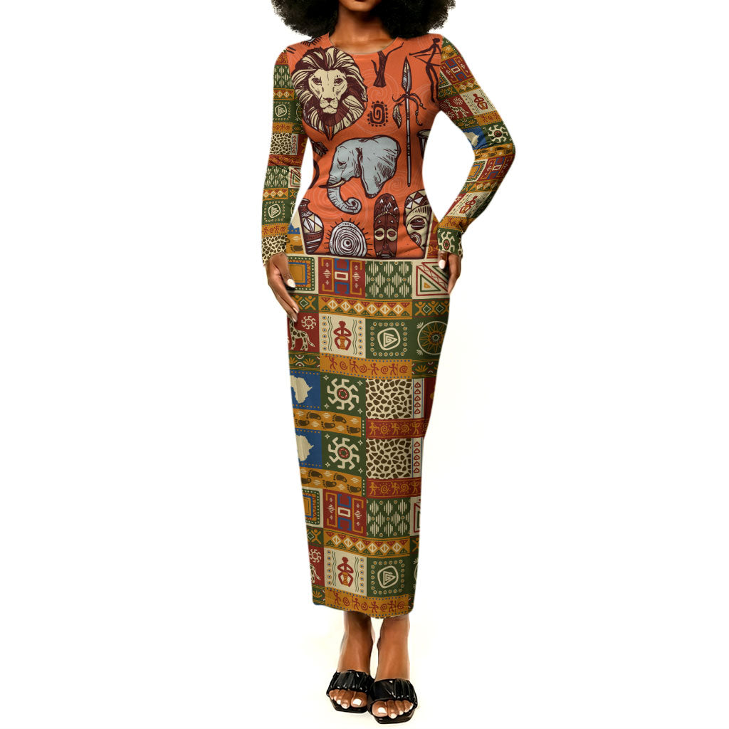 Personalized African King's 65th Birthday Long Sleeve Bodycon Dress Traditional Ethnic Patchwork Safari Animals