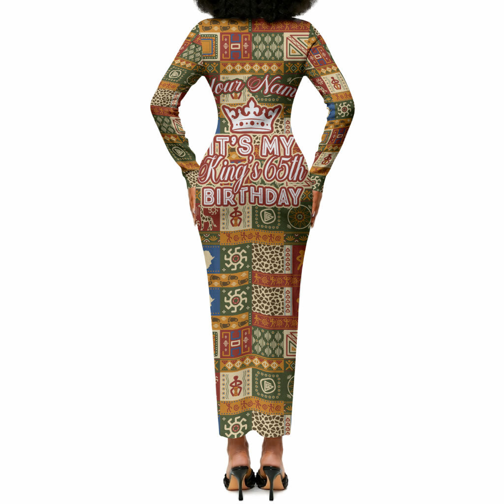 Personalized African King's 65th Birthday Long Sleeve Bodycon Dress Traditional Ethnic Patchwork Safari Animals