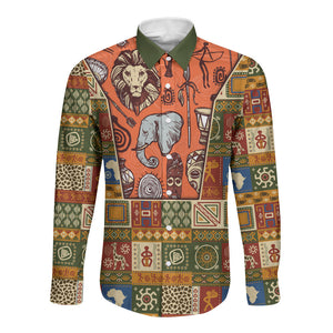 Personalized African King's 65th Birthday Long Sleeve Button Shirt Traditional Ethnic Patchwork Safari Animals