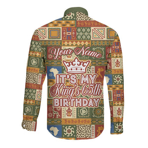 Personalized African King's 65th Birthday Long Sleeve Button Shirt Traditional Ethnic Patchwork Safari Animals