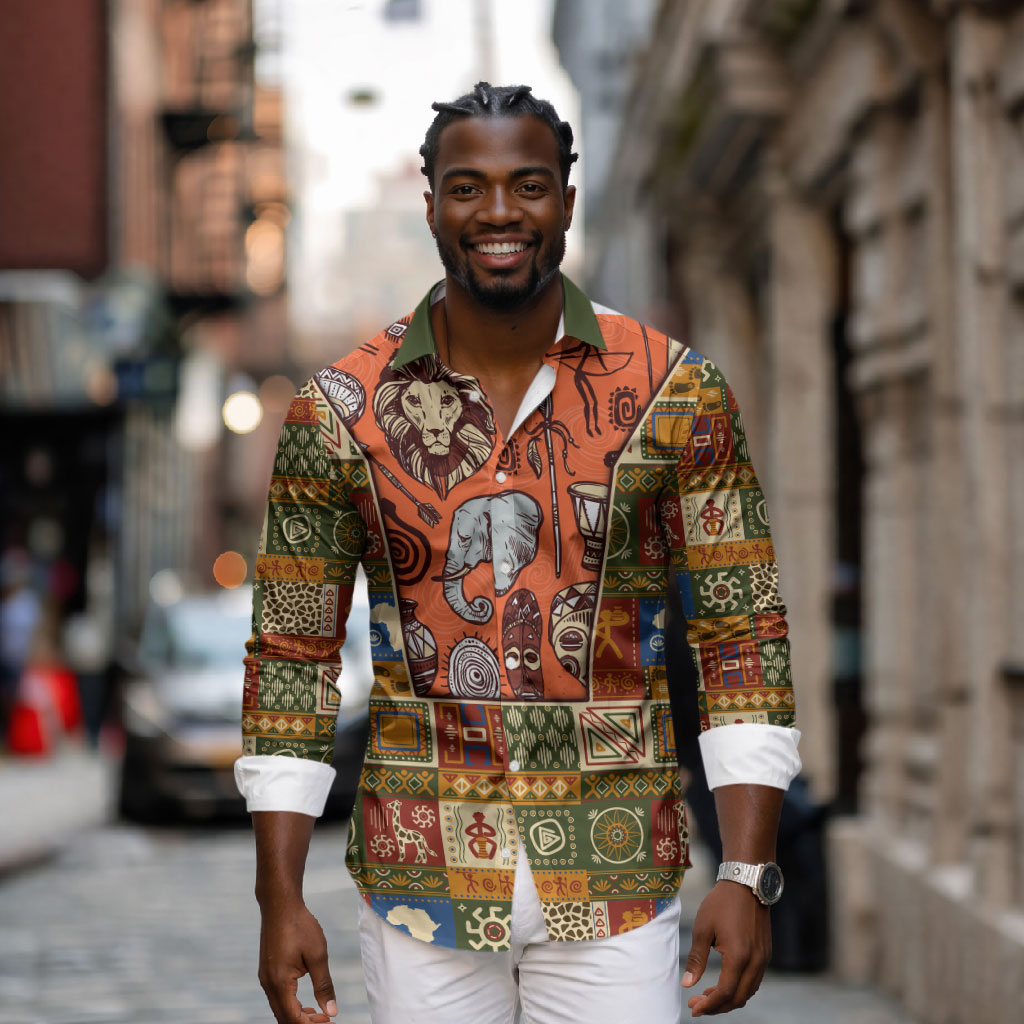 Personalized African King's 65th Birthday Long Sleeve Button Shirt Traditional Ethnic Patchwork Safari Animals