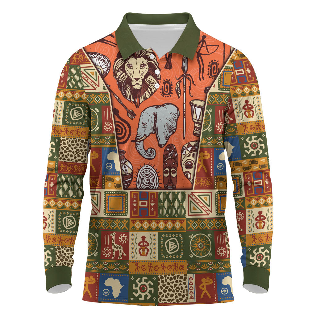 Personalized African King's 65th Birthday Long Sleeve Polo Shirt Traditional Ethnic Patchwork Safari Animals