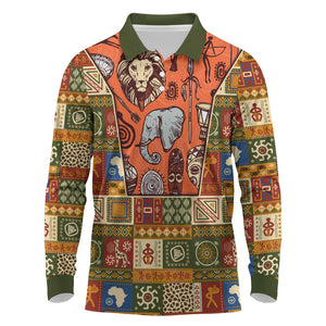 Personalized African King's 65th Birthday Long Sleeve Polo Shirt Traditional Ethnic Patchwork Safari Animals