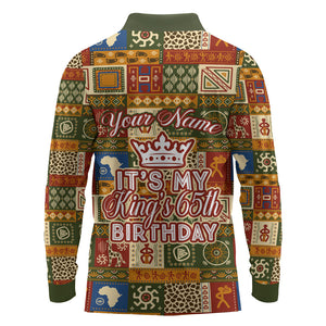 Personalized African King's 65th Birthday Long Sleeve Polo Shirt Traditional Ethnic Patchwork Safari Animals