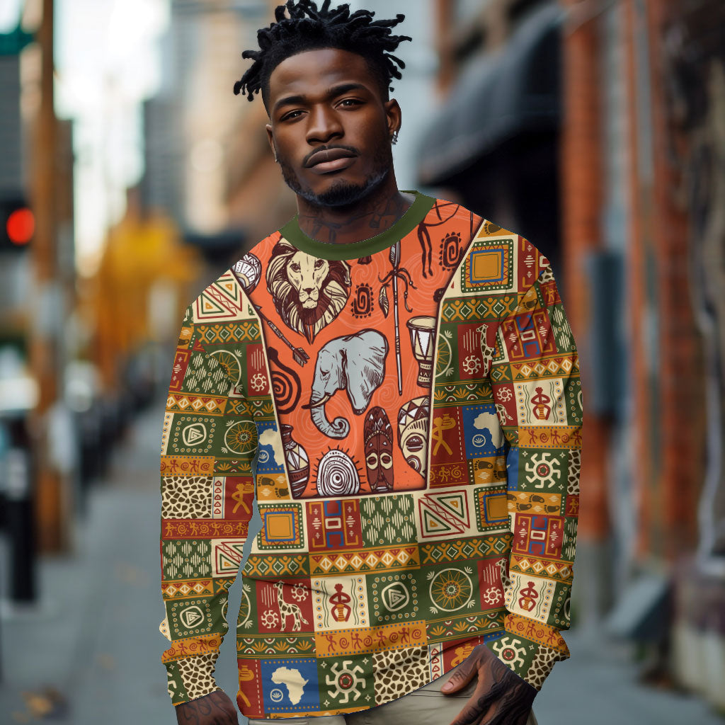 Personalized African King's 65th Birthday Long Sleeve Shirt Traditional Ethnic Patchwork Safari Animals
