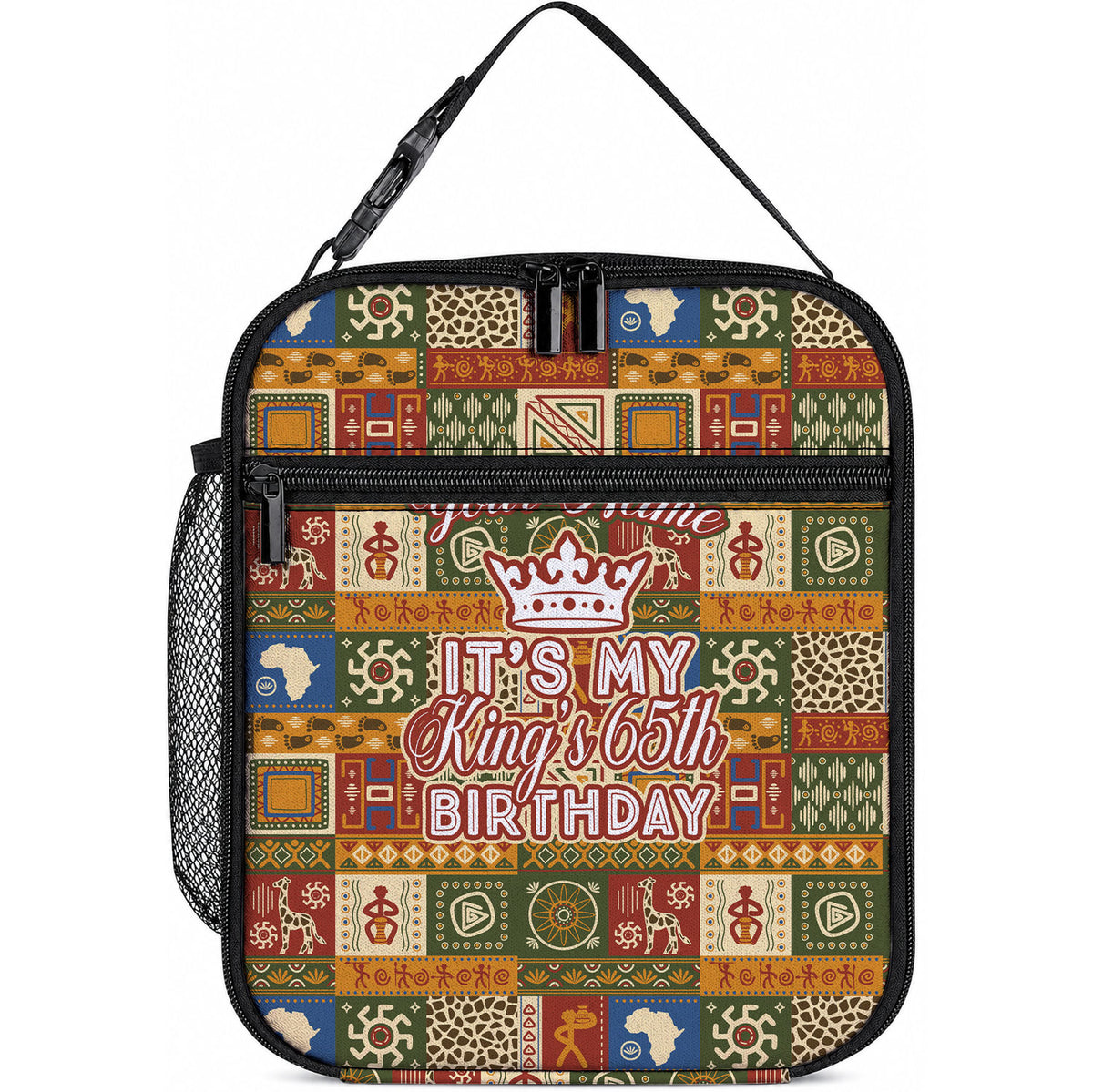 Personalized African King's 65th Birthday Lunch Bag Traditional Ethnic Patchwork Safari Animals