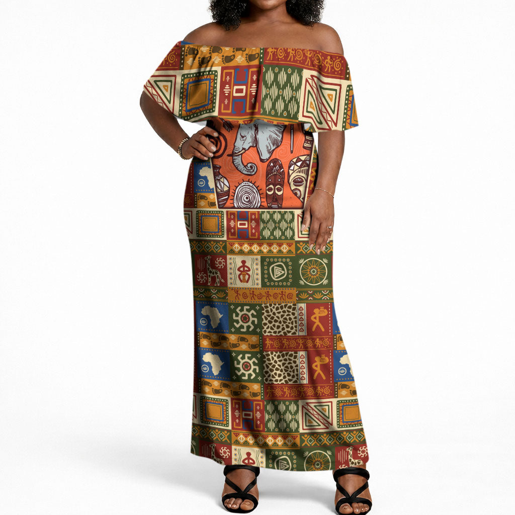 Personalized African King's 65th Birthday Off Shoulder Maxi Dress Traditional Ethnic Patchwork Safari Animals