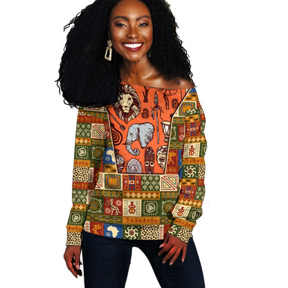 Personalized African King's 65th Birthday Off Shoulder Sweater Traditional Ethnic Patchwork Safari Animals