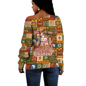 Personalized African King's 65th Birthday Off Shoulder Sweater Traditional Ethnic Patchwork Safari Animals