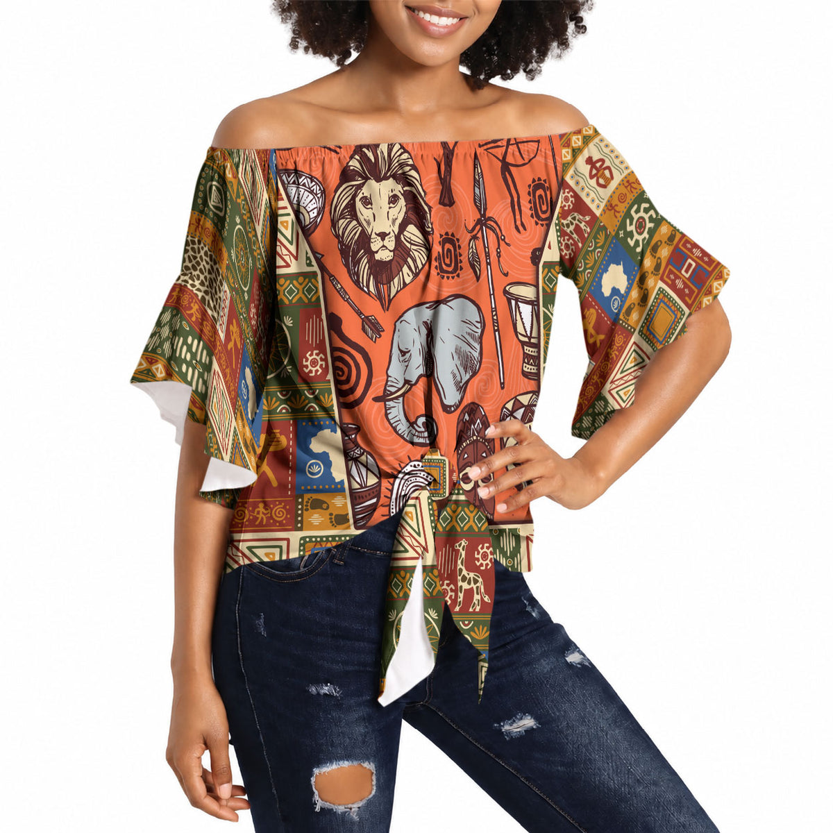 Personalized African King's 65th Birthday Off Shoulder Wrap Waist Top Traditional Ethnic Patchwork Safari Animals