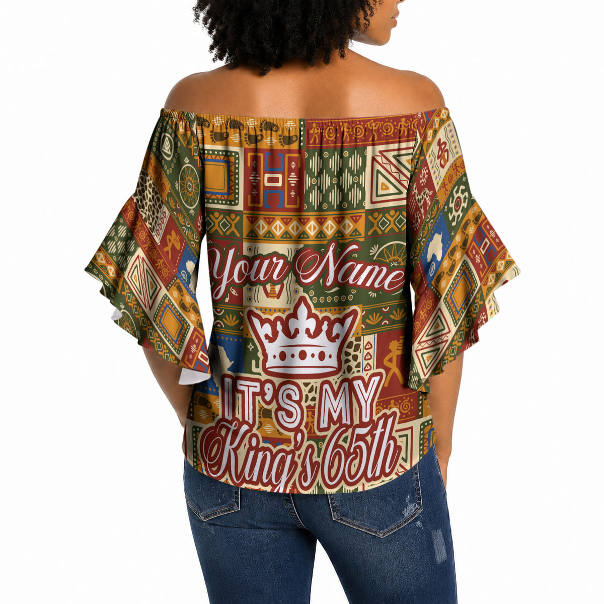 Personalized African King's 65th Birthday Off Shoulder Wrap Waist Top Traditional Ethnic Patchwork Safari Animals