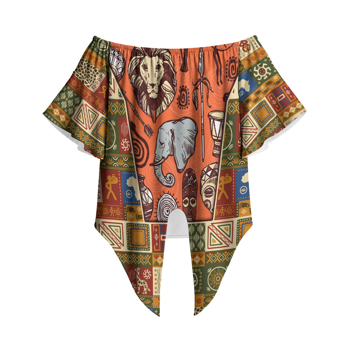 Personalized African King's 65th Birthday Off Shoulder Wrap Waist Top Traditional Ethnic Patchwork Safari Animals