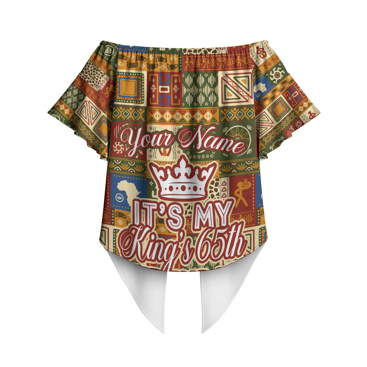 Personalized African King's 65th Birthday Off Shoulder Wrap Waist Top Traditional Ethnic Patchwork Safari Animals