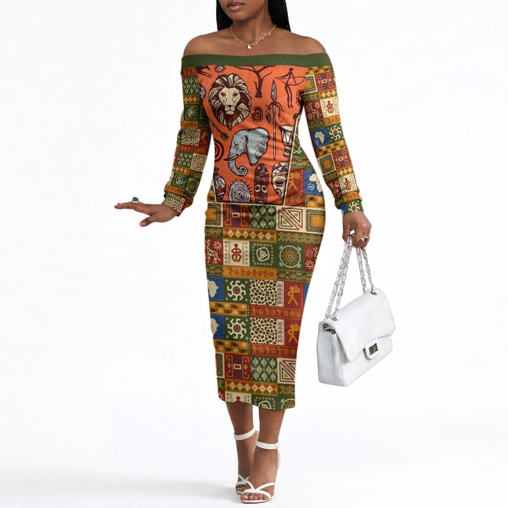 Personalized African King's 65th Birthday Off The Shoulder Long Sleeve Dress Traditional Ethnic Patchwork Safari Animals