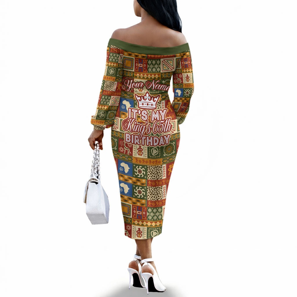 Personalized African King's 65th Birthday Off The Shoulder Long Sleeve Dress Traditional Ethnic Patchwork Safari Animals