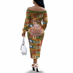 Personalized African King's 65th Birthday Off The Shoulder Long Sleeve Dress Traditional Ethnic Patchwork Safari Animals