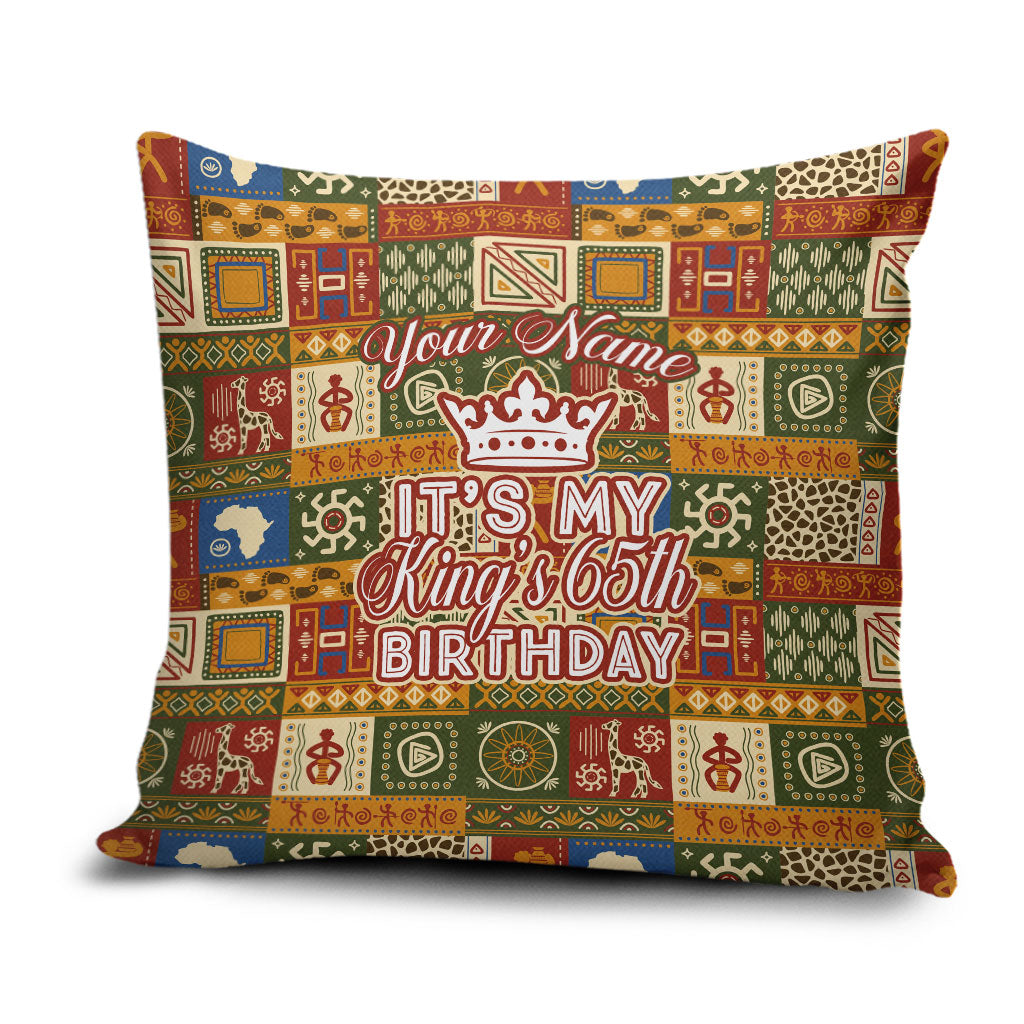 Personalized African King's 65th Birthday Pillow Cover Traditional Ethnic Patchwork Safari Animals