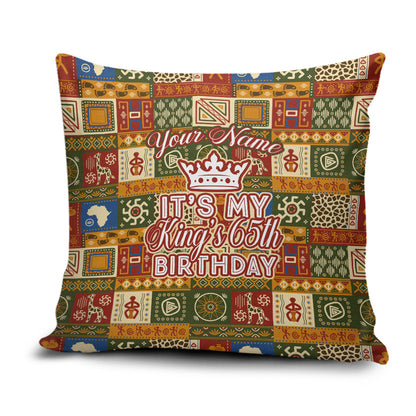 Personalized African King's 65th Birthday Pillow Cover Traditional Ethnic Patchwork Safari Animals