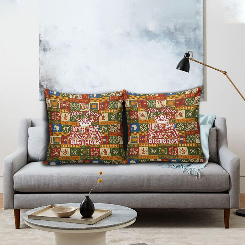 Personalized African King's 65th Birthday Pillow Cover Traditional Ethnic Patchwork Safari Animals