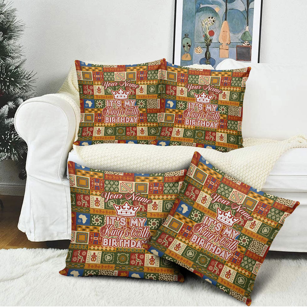 Personalized African King's 65th Birthday Pillow Cover Traditional Ethnic Patchwork Safari Animals