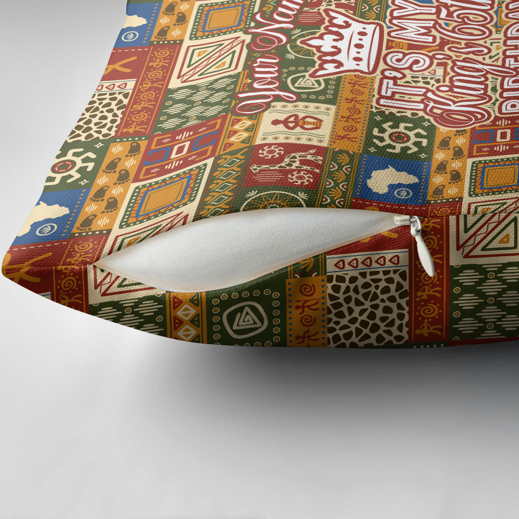 Personalized African King's 65th Birthday Pillow Cover Traditional Ethnic Patchwork Safari Animals