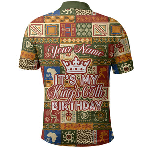 Personalized African King's 65th Birthday Polo Shirt Traditional Ethnic Patchwork Safari Animals
