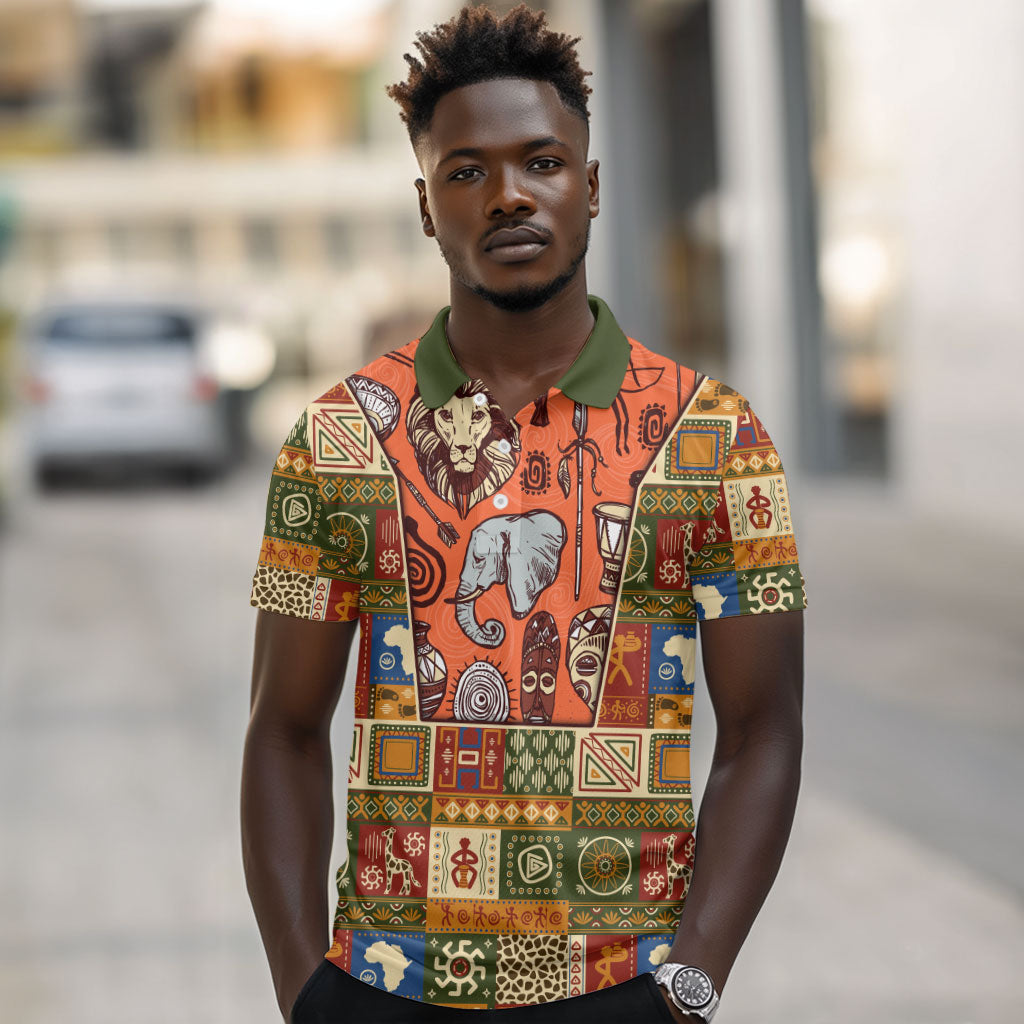 Personalized African King's 65th Birthday Polo Shirt Traditional Ethnic Patchwork Safari Animals
