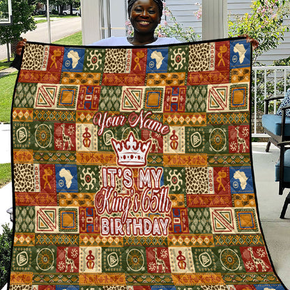 Personalized African King's 65th Birthday Quilt Traditional Ethnic Patchwork Safari Animals