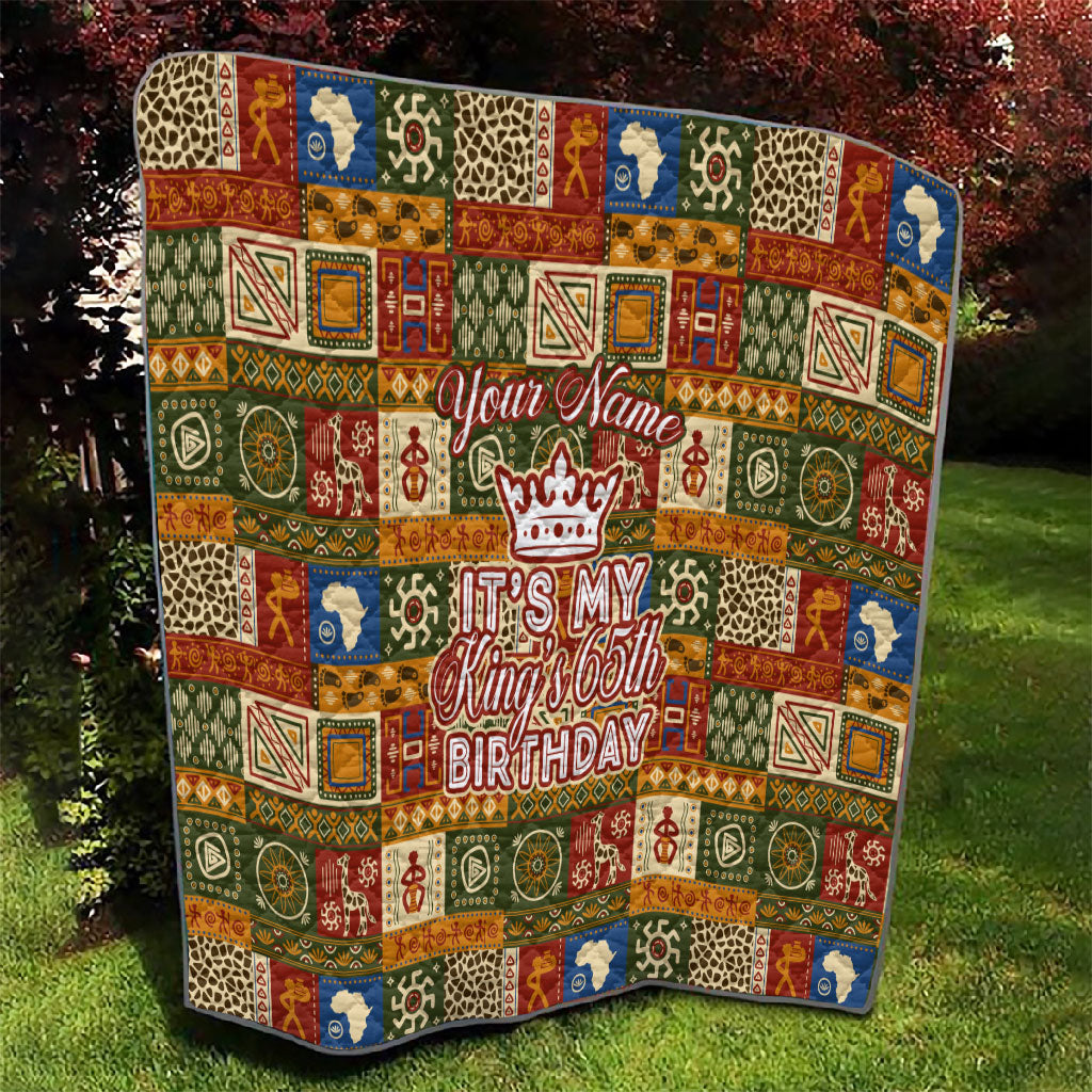 Personalized African King's 65th Birthday Quilt Traditional Ethnic Patchwork Safari Animals