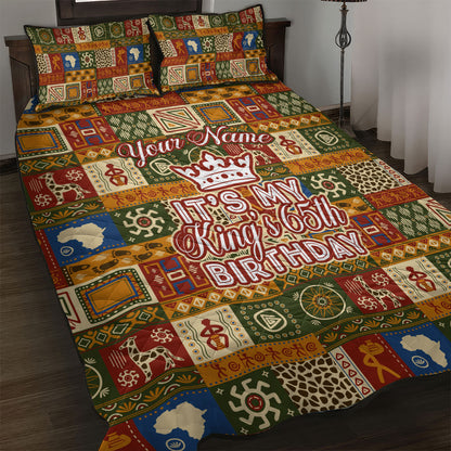 Personalized African King's 65th Birthday Quilt Bed Set Traditional Ethnic Patchwork Safari Animals