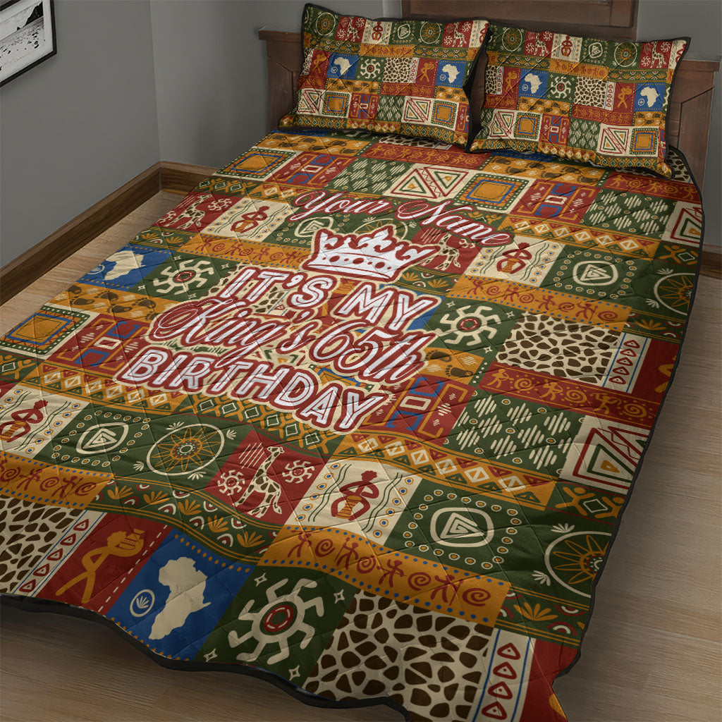 Personalized African King's 65th Birthday Quilt Bed Set Traditional Ethnic Patchwork Safari Animals
