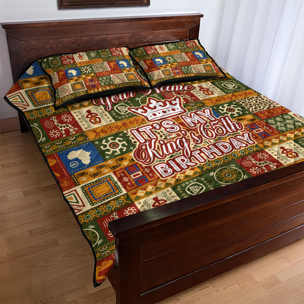 Personalized African King's 65th Birthday Quilt Bed Set Traditional Ethnic Patchwork Safari Animals