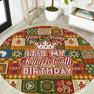Personalized African King's 65th Birthday Round Carpet Traditional Ethnic Patchwork Safari Animals