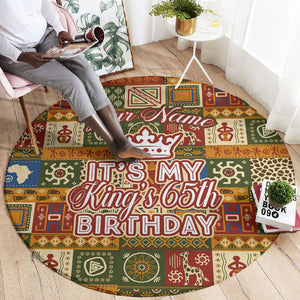 Personalized African King's 65th Birthday Round Carpet Traditional Ethnic Patchwork Safari Animals