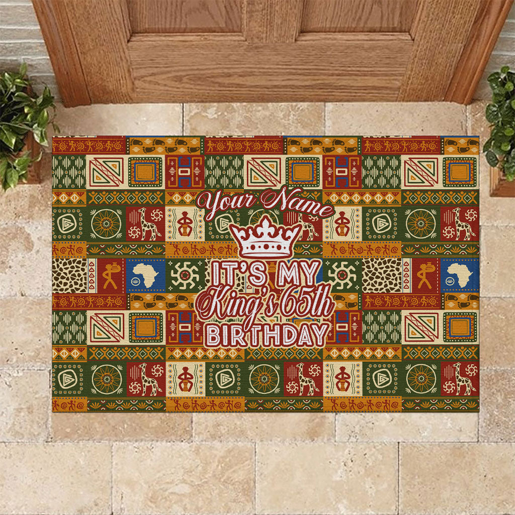 Personalized African King's 65th Birthday Rubber Doormat Traditional Ethnic Patchwork Safari Animals