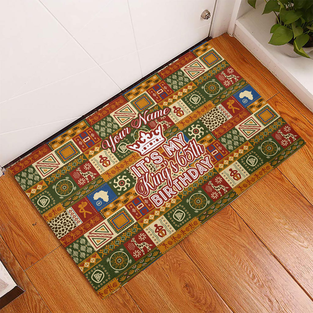 Personalized African King's 65th Birthday Rubber Doormat Traditional Ethnic Patchwork Safari Animals