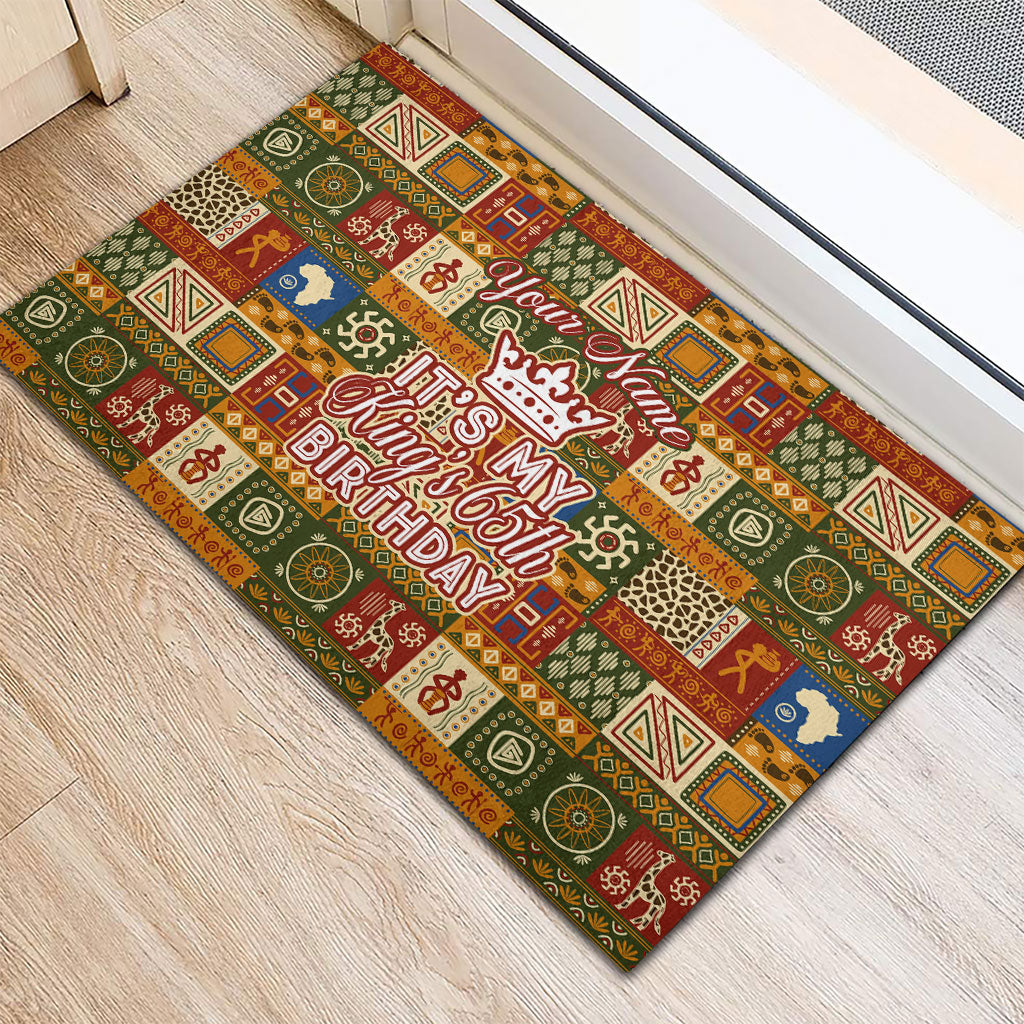 Personalized African King's 65th Birthday Rubber Doormat Traditional Ethnic Patchwork Safari Animals