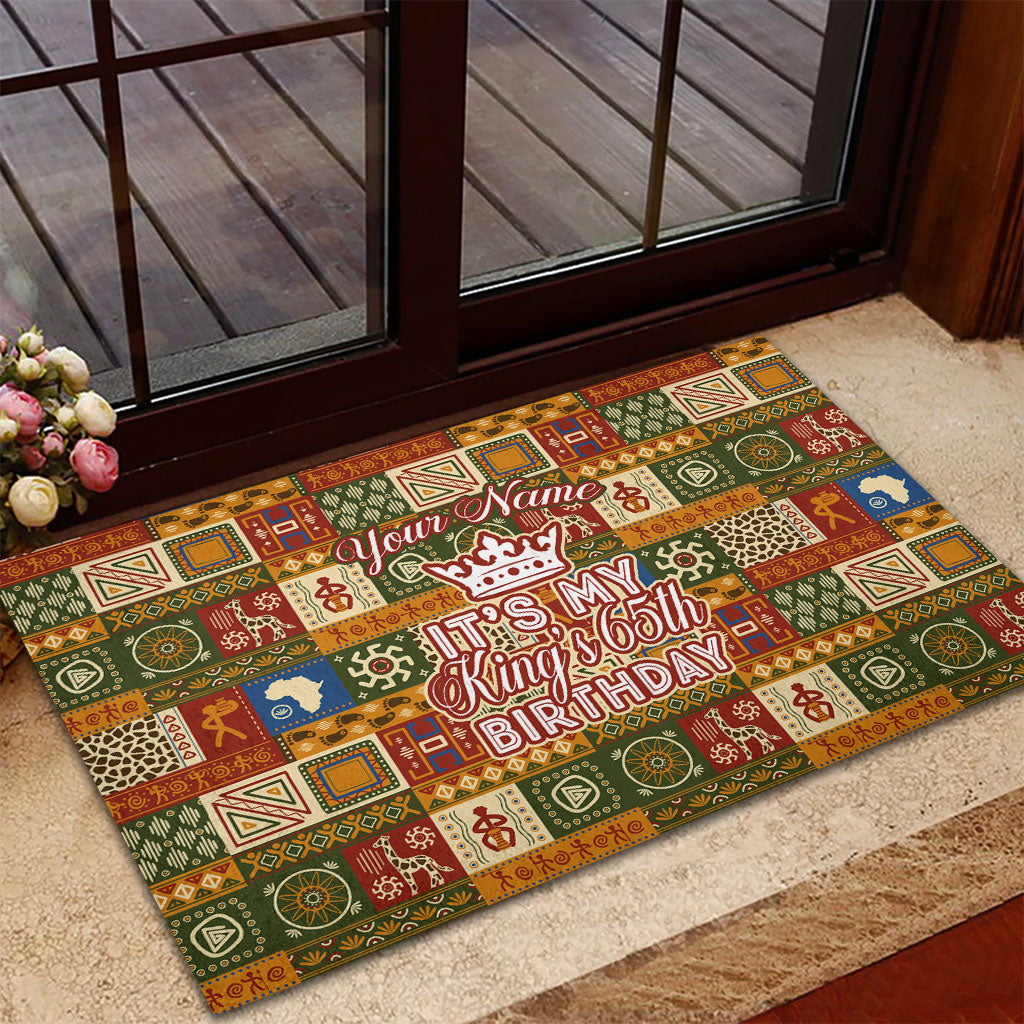 Personalized African King's 65th Birthday Rubber Doormat Traditional Ethnic Patchwork Safari Animals